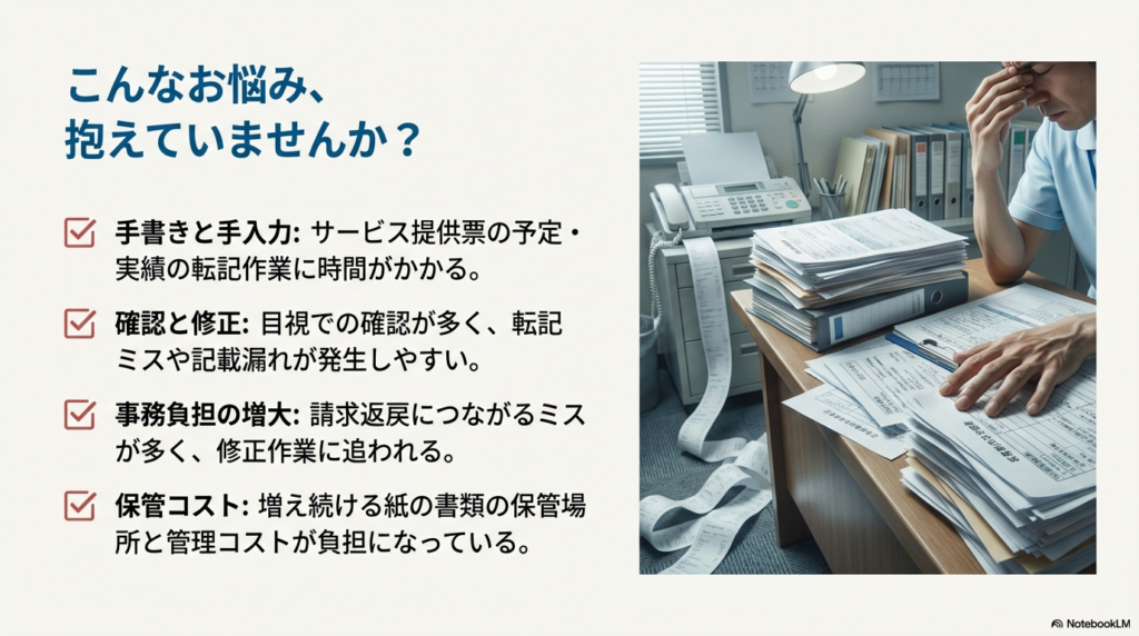 ケアプランの紙やFAXでのやり取りにおける事務負担と課題のイラスト