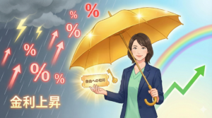 金利上昇の不安から資産で身を守り、未来への希望を手にする介護職のイラスト