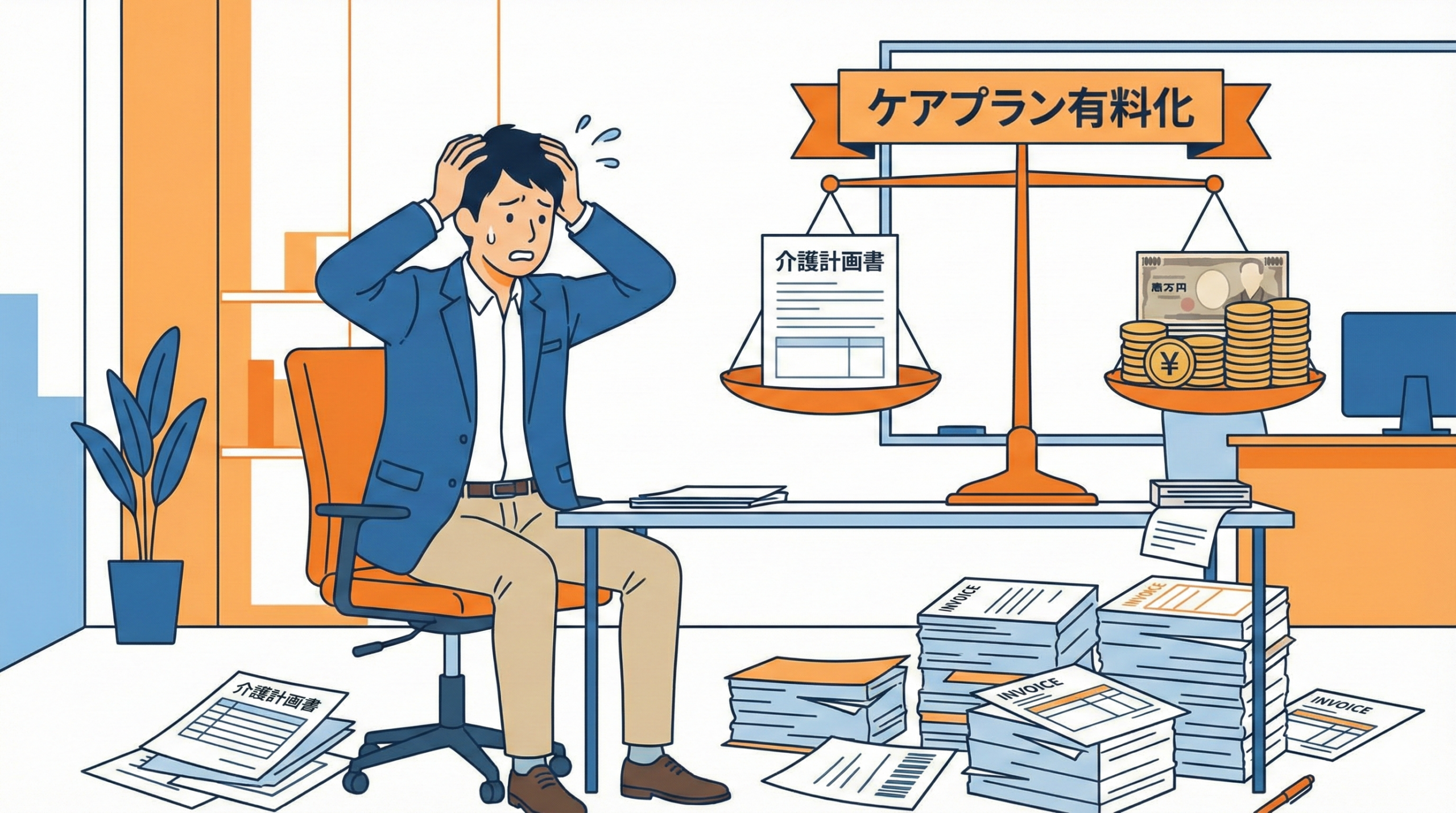 住宅型有料老人ホームのケアプラン有料化に頭を抱えるケアマネジャーと金銭負担の天秤イメージ