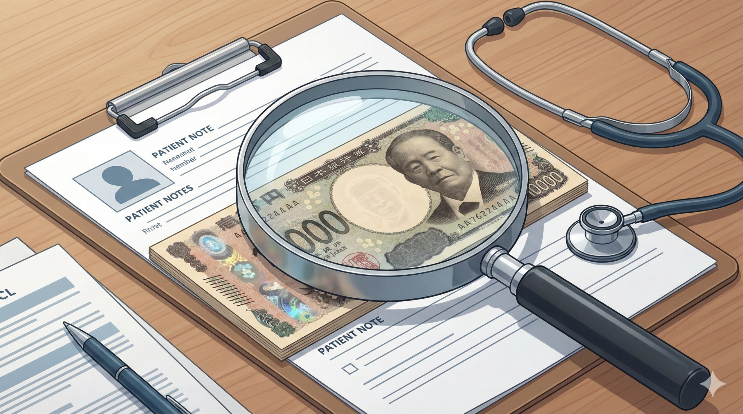 訪問看護のカルテやカバンの上に、虫眼鏡やスポットライトが当たり、その背後に「円マーク」や書類の山が見え隠れする