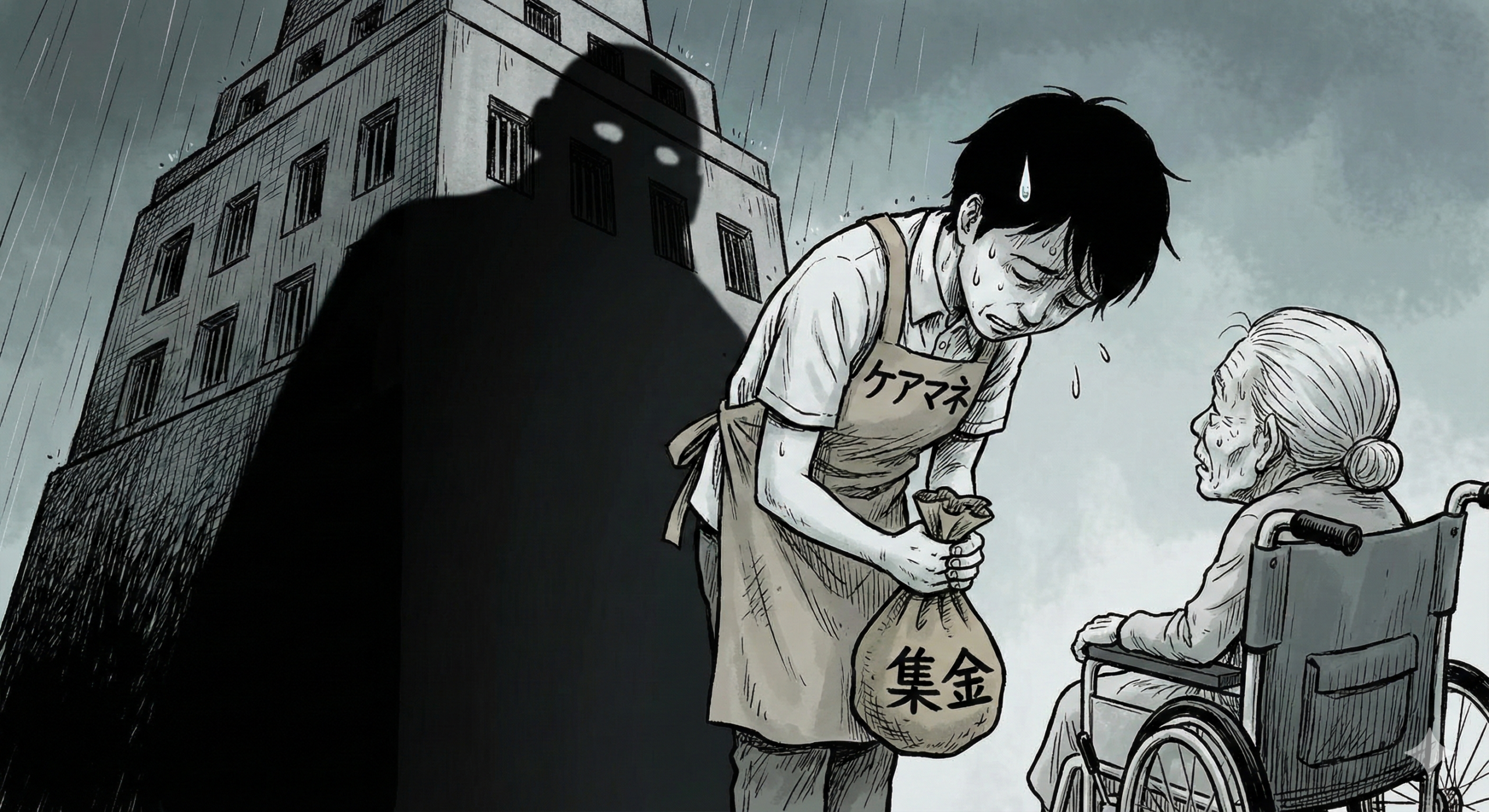 集金袋を持って困り果てるケアマネ