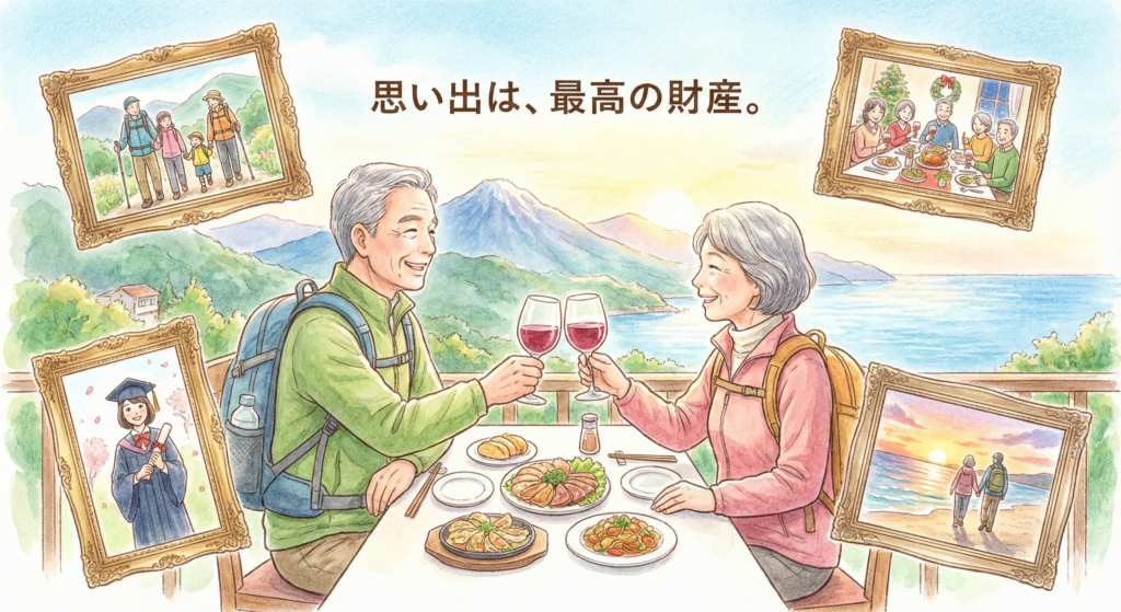 旅行先で美しい景色と食事を楽しんでいる幸せそうなシニア夫婦のイラスト。周りには過去の楽しい思い出の写真が浮かんでおり、経験への投資の大切さを表現。