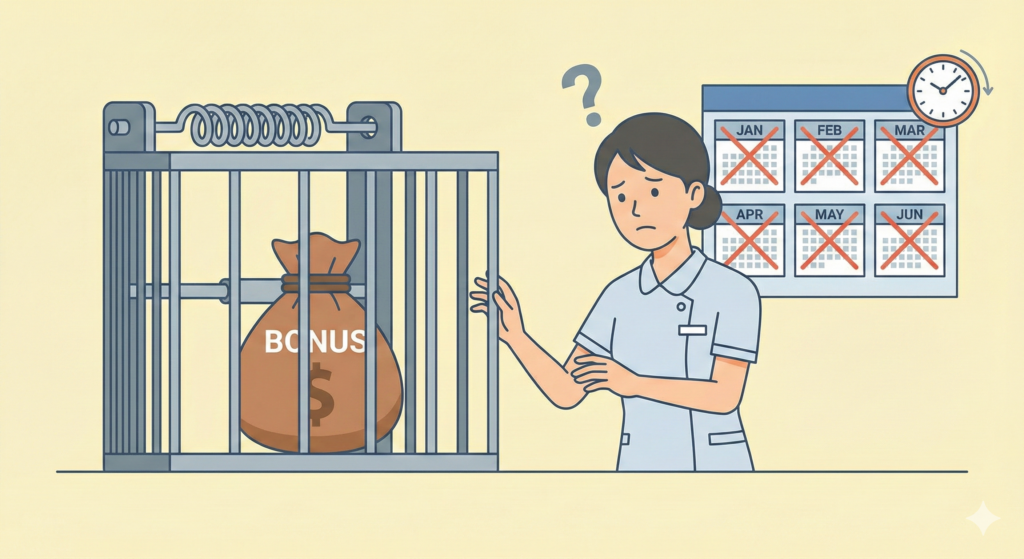 鳥かごの中に閉じ込められた「BONUS」と書かれた金袋。処遇改善加算が人質にされている様子を表すイラスト。