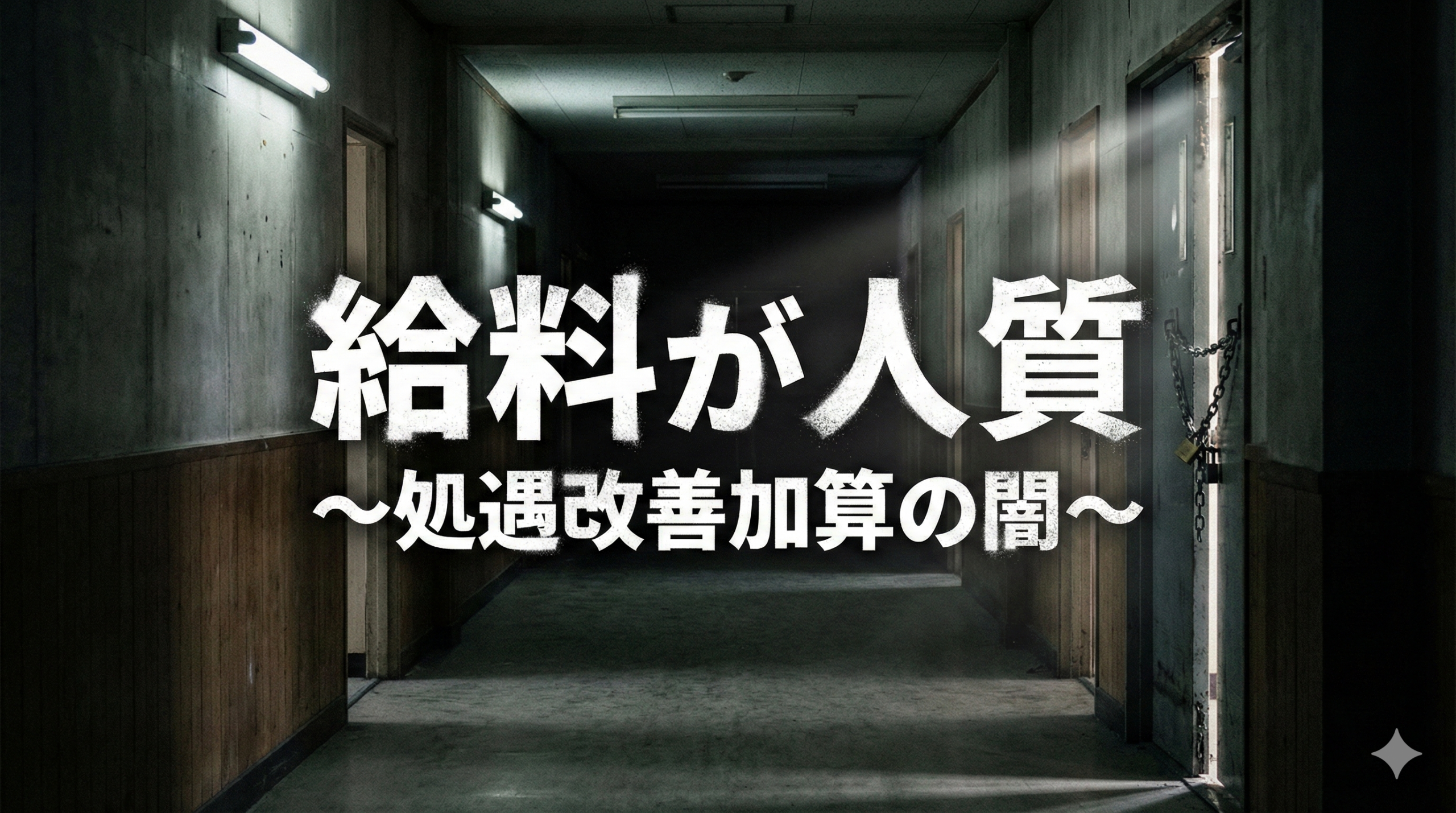 鎖で厳重に施錠された老人ホームの暗い廊下の扉と、隙間から漏れる希望の光。「給料が、人質。」の文字。