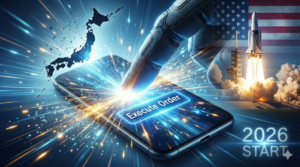 スマホの画面に「BUY」ボタン。背景には「新旧」の対比（日本地図が薄れ、星条旗やテック企業のロゴが浮かび上がる）