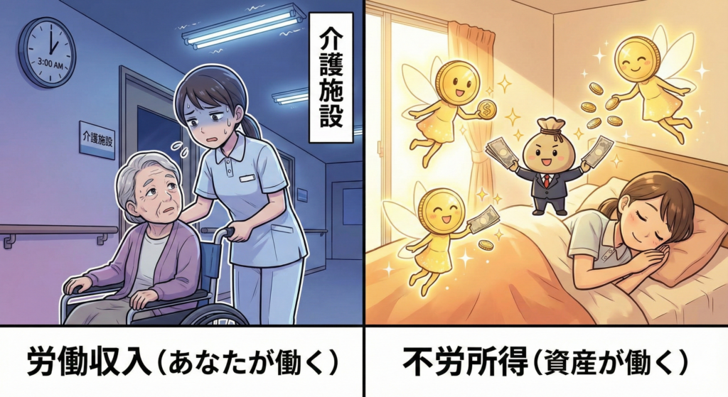 左右分割のイラスト。左側は夜勤で疲れて働く介護職員、右側は自宅でぐっすり眠る本人と、その横で擬人化された資産キャラクターが自動でお金を稼いでいる様子。