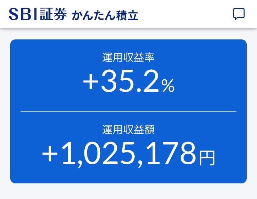 SBI証券のかんたん積立画面。運用収益率+345.2%、運用収益額+1,025,178円が表示されているスクリーンショット