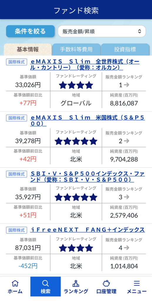 SBI証券 投資信託 ランキング検索画面