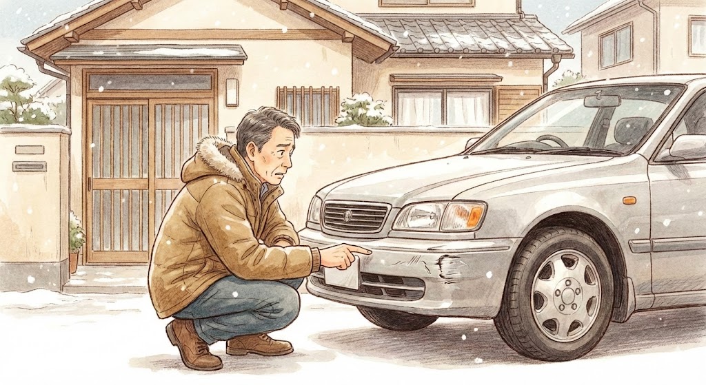 実家の車のバンパーについた擦り傷を心配そうに確認する男性のイラスト。帰省時に親の認知症の兆候をチェックする様子