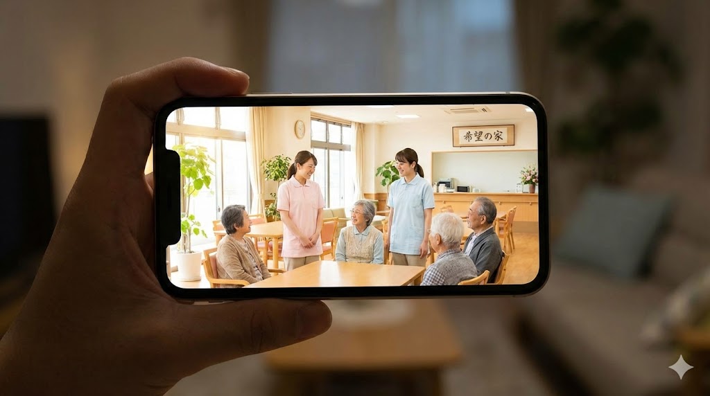 スマートフォンの画面越しに見る、明るく清潔で雰囲気が良い介護施設の様子。カイテクなどのアプリを使って職場見学をするイメージ。