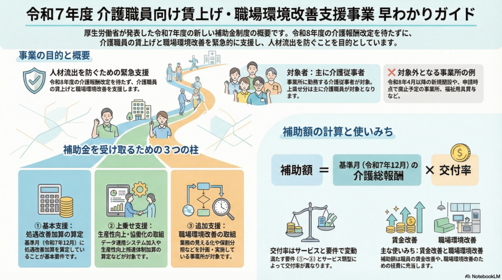令和7年度介護職員賃上げ・職場環境改善支援事業 概要図解 補助額計算式と対象サービス