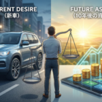 新車購入と投資による資産形成を天秤にかけている40代男性のイメージイラスト。左側は現在の欲望である「かっこいいSUV」、右側は未来の資産を表す「右肩上がりのグラフと金のなる木」。天秤は投資の方に傾いている。