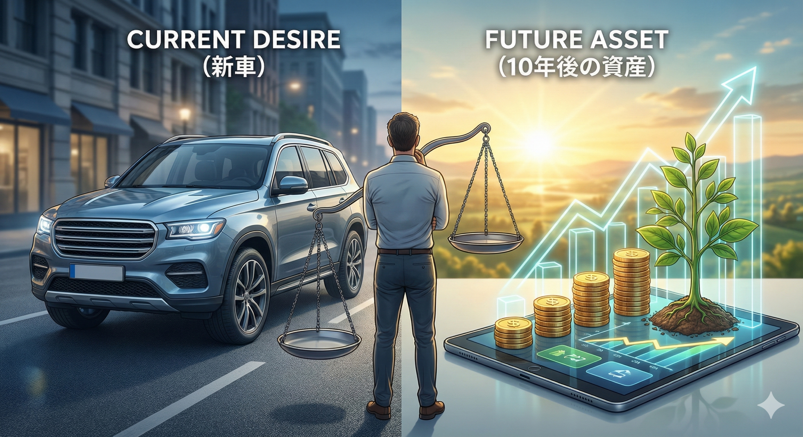 新車購入と投資による資産形成を天秤にかけている40代男性のイメージイラスト。左側は現在の欲望である「かっこいいSUV」、右側は未来の資産を表す「右肩上がりのグラフと金のなる木」。天秤は投資の方に傾いている。