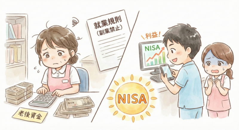 「電卓を叩いて悩む介護士の横で、こっそりスマホでNISA画面を開いて微笑む様子」「就業規則（副業禁止）の書類と、輝くNISAのロゴの対比」