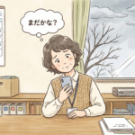 2026年1月のカレンダーが壁にかかっている日本の居宅介護支援事業所。 デスクでスマートフォンを見ながら「まだかな？」という表情で首をかしげる可愛げのある女性ケアマネジャー。窓の外は冬の空。