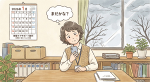 2026年1月のカレンダーが壁にかかっている日本の居宅介護支援事業所。 デスクでスマートフォンを見ながら「まだかな？」という表情で首をかしげる可愛げのある女性ケアマネジャー。窓の外は冬の空。