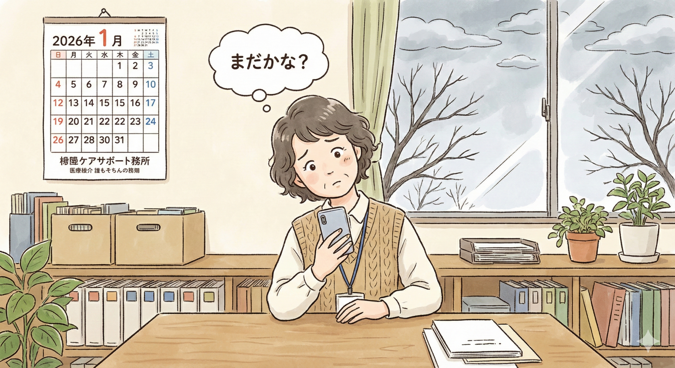 2026年1月のカレンダーが壁にかかっている日本の居宅介護支援事業所。 デスクでスマートフォンを見ながら「まだかな？」という表情で首をかしげる可愛げのある女性ケアマネジャー。窓の外は冬の空。