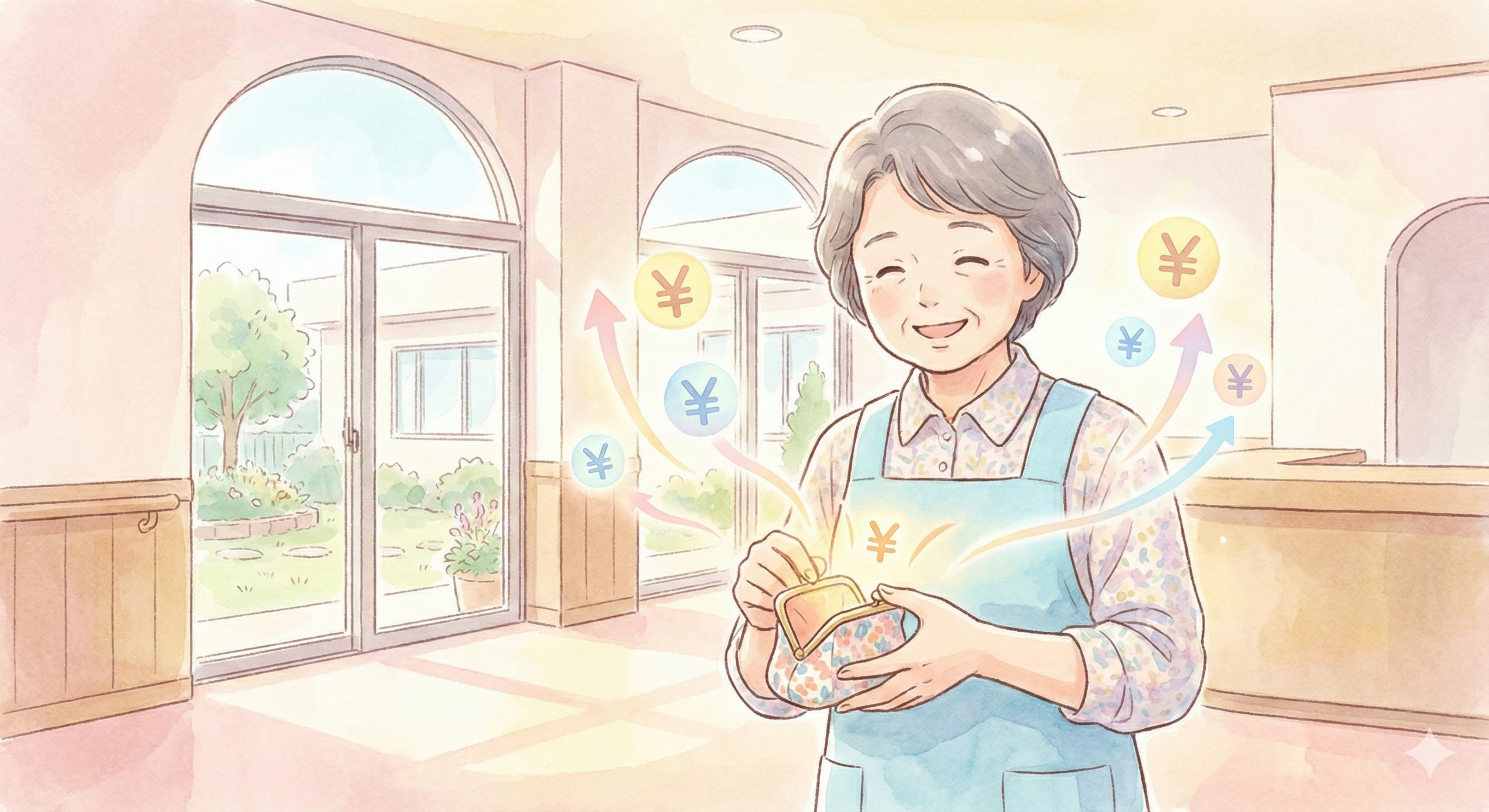 明介護施設の制服（エプロンなど）を着た働く70代女性