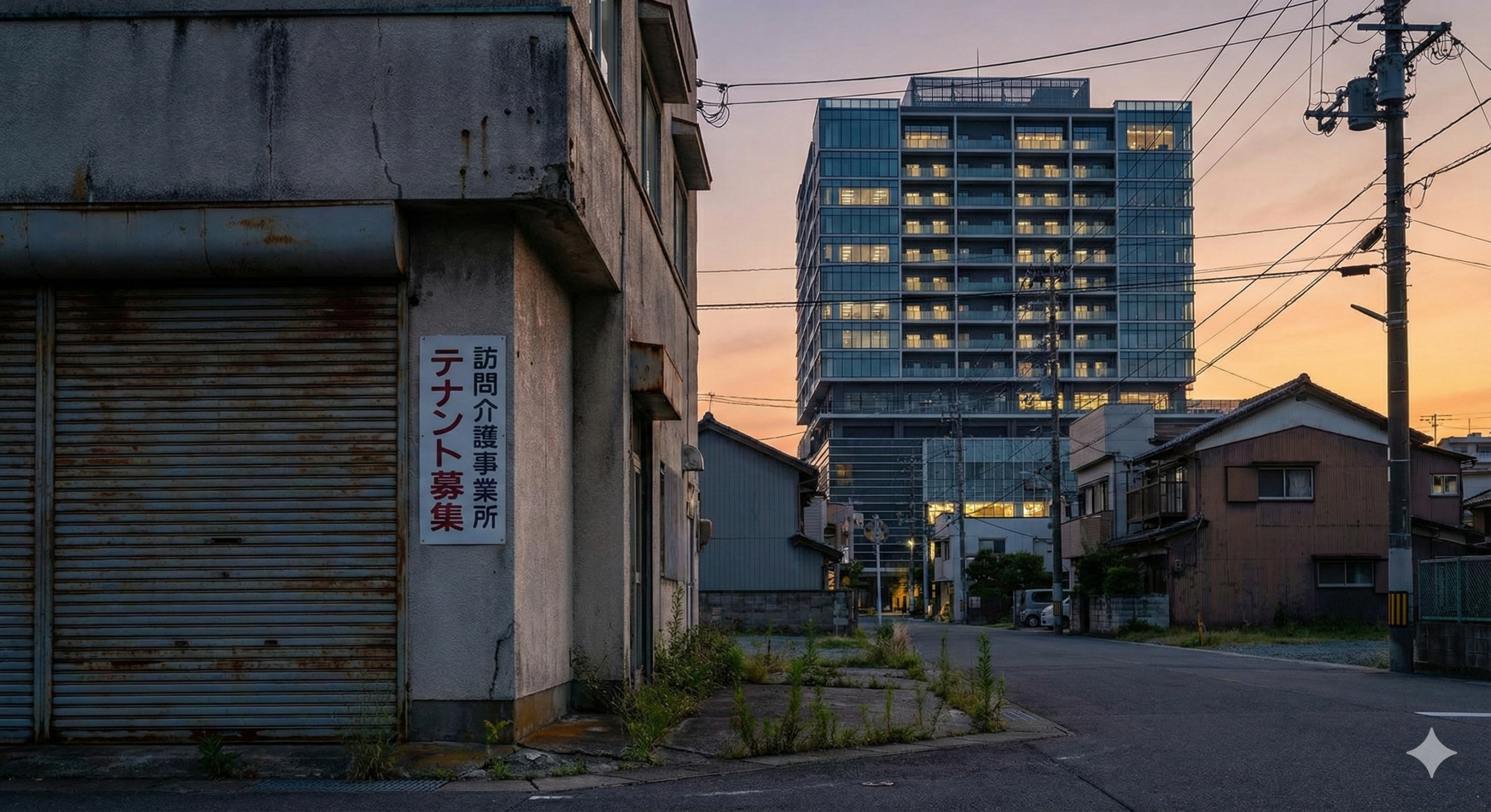 日本の地方都市の夕暮れ。手前にはシャッターが閉まり「テナント募集」の貼り紙がある古びた小さな訪問介護事業所。背景には新築で巨大な現代的な老人ホームが冷たくそびえ立っている。哀愁と格差を感じさせるコントラスト。