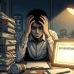 書類の山と更新研修のノルマに悩み頭を抱える主任ケアマネジャーの男性