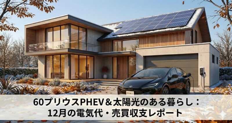 冬の朝、ソーラーパネルを備えたモダンな住宅の前に停車する、充電中の黒いトヨタ・プリウス60 PHEV。12月の澄んだ空気感と背景の落葉した木々が冬の季節感を演出し、画像下部には「60プリウスPHEV＆太陽光のある暮らし：12月の電気代・売買収支レポート」というタイトルが入ったバナー画像。