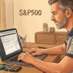 ブログ執筆に集中する男性のイラスト。手元のスマホにはETFの激しい株価チャートが表示されているが、あえて無視してパソコンに向かっている。背景には主力投資先であるS&P500とFANG+の文字が浮かんでいる。