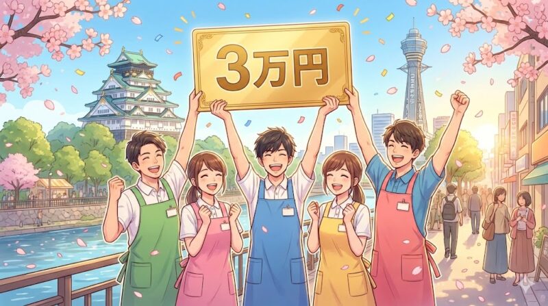 大阪府の介護職・保育士・障害福祉職員への3万円給付決定を祝う、大阪城と通天閣を背景にした笑顔の職員と金色のカードのイラスト