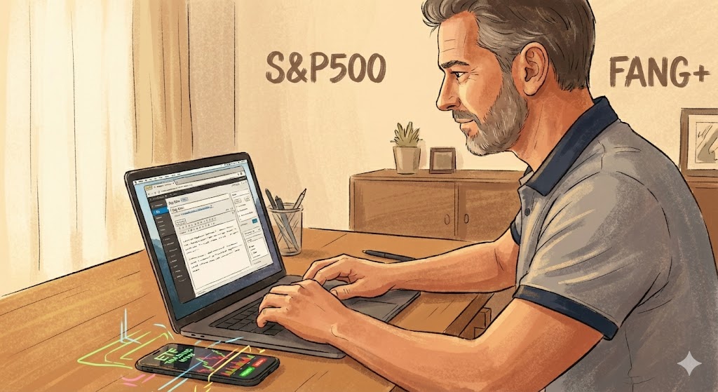 ブログ執筆に集中する男性のイラスト。手元のスマホにはETFの激しい株価チャートが表示されているが、あえて無視してパソコンに向かっている。背景には主力投資先であるS&P500とFANG+の文字が浮かんでいる。