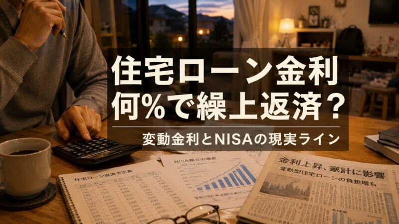 住宅ローン返済予定表と電卓を前に、金利上昇と繰上返済について悩む40代後半の会社員の手元