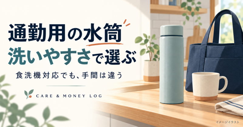 通勤用の水筒と仕事用バッグを描いた、食洗機対応ボトルの選び方を紹介するイメージイラスト