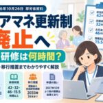 ケアマネ更新制廃止の施行予定日と初任42時間・定期32時間・主任46時間・復職15.5時間の新研修案を解説するイラスト