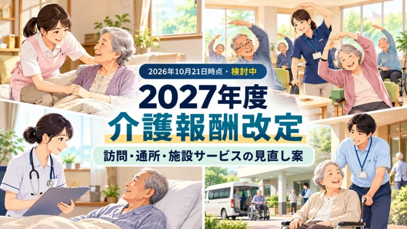 2027年度介護報酬改定の検討内容を訪問介護、通所介護、訪問看護、施設サービスの場面とともに紹介する横長のイラスト