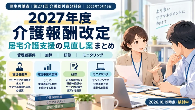 2027年度介護報酬改定の居宅介護支援に関する管理者要件、特定事業所加算、研修、オンラインモニタリングの見直し案をまとめた図解 ピックアップ：推奨。管理者資格だけでなく、現役ケアマネ・経営者の実務判断に関わる複数の資料を横断した新規記事になるため。改定内容が確定するまで「検討中」明記。