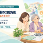 介護保険の2割負担対象拡大の検討について、介護費用を相談する高齢者と家族、ケアマネジャーのイラスト