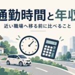 自宅と職場の間に車、時計、電卓を配置した通勤時間と年収の比較イラスト